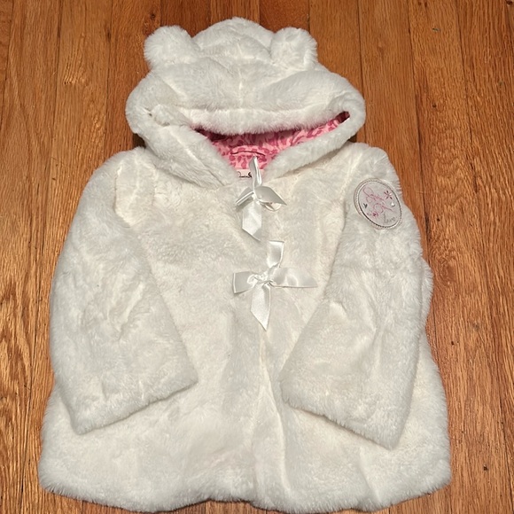 Jessica Simpson white fake fur coat 18M ears on hood with cute bows - Picture 1 of 8
